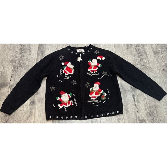 Vintage Christmas Cardigan‎ Sweater Womens Medium Zip Black Santa Skates Winter - Picture 1 of 12